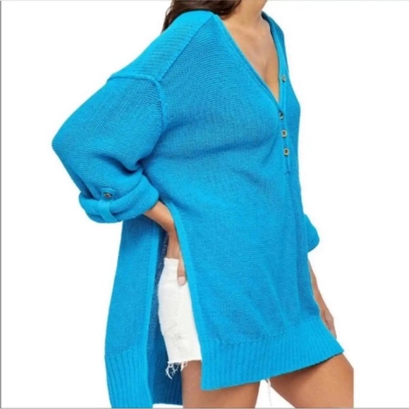 Free People Women's Firefly Knit Tunic Oversized Sweater Surf Blue XS NWT Boho - Picture 4 of 16
